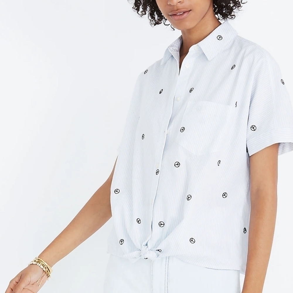 Madewell embroided peace sign short sleeve tie front shirt